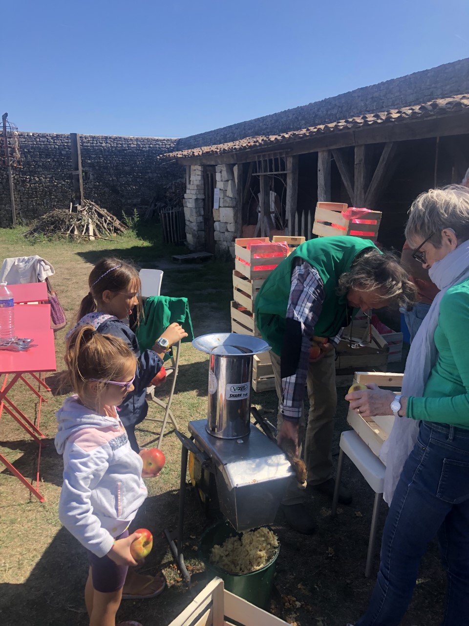 Des jeunes nous aident au broyage des pommes avant pressage