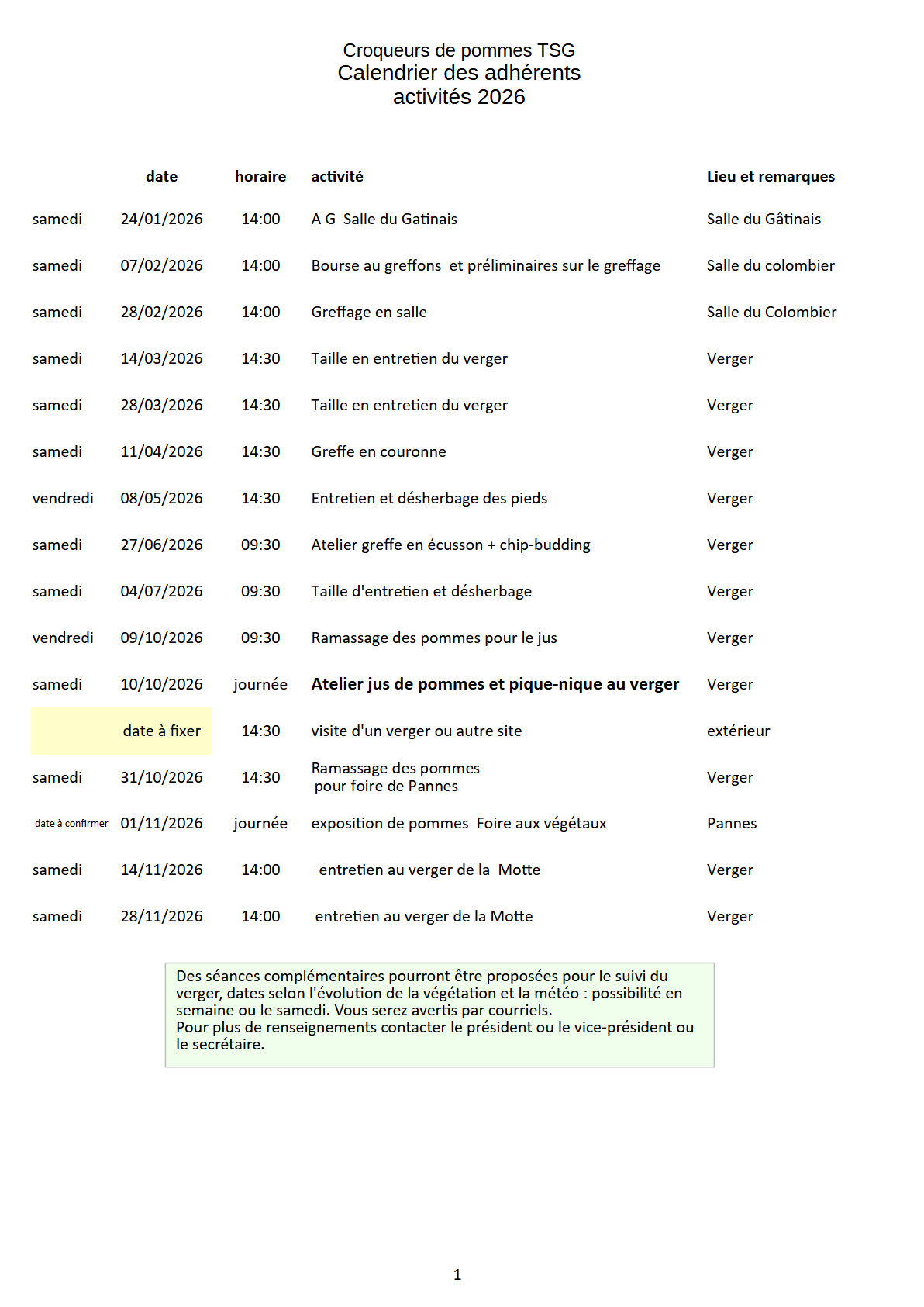 2026 Calendrier Adh activites 2026 publié